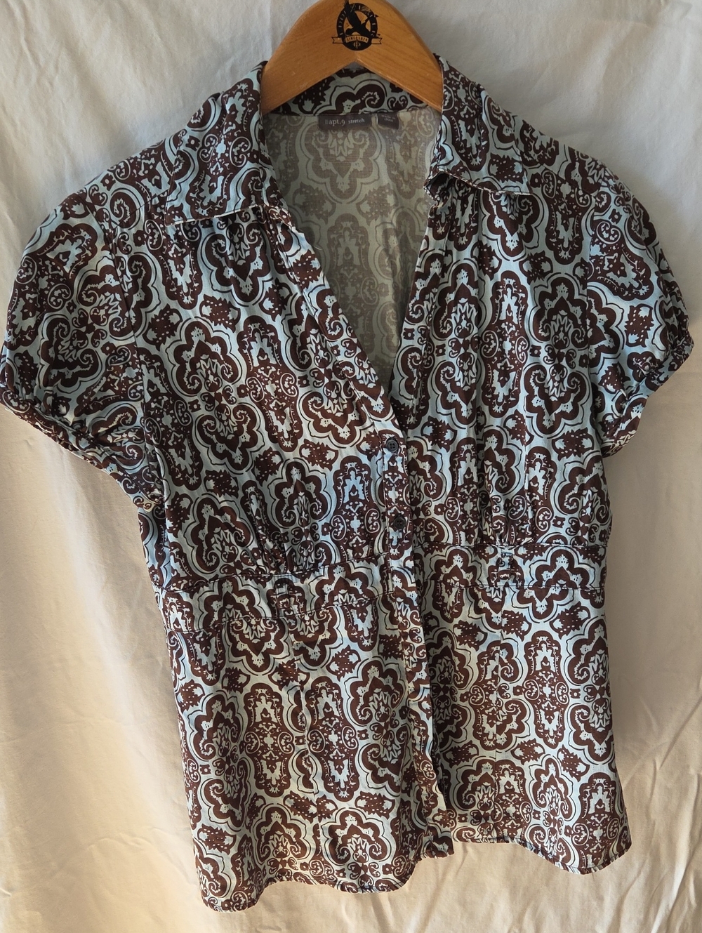 Apt. 9 Brown and Light Blue Printed Cap-Sleeve Button-Down Blouse
